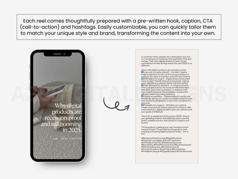 May include: A smartphone screen displaying a graphic with the text "Why digital products are recession-proof and still booming in 2025." The graphic is set against a background of a person's hands holding a book. The text "READ CAPTION" is at the bottom of the screen.