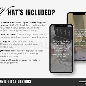 May include: A digital marketing reel template bundle with a checklist of features including 100 pre-made faceless templates, editable in Canva, short reel lengths, PLR/MRR licenses, and background sounds. The image shows two example reels with text overlays.