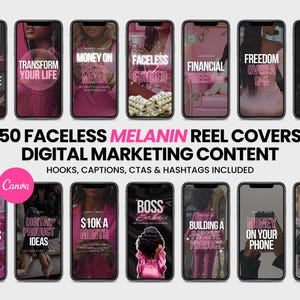50 copertine per reel di Faceless Melanin / Modelli Canva con hook, didascalie e hashtag / Copertine per reel di Boss Babe / Modelli pronti all'uso