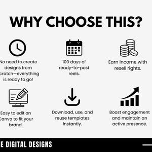 May include: Black and white graphic illustration of a clock, calendar, stack of coins, computer screen with a pencil, a download arrow, and a bar graph with an upward arrow. The text "WHY CHOOSE THIS?" is at the top of the image. The text "No need to create designs from scratch-everything is ready to go!" is below the clock. The text "100 days of ready-to-post reels." is below the calendar. The text "Earn income with resell rights." is below the stack of coins. The text "Easy to edit on Canva to fit your brand." is below the computer screen. The text "Download, use, and reuse templates instantly." is below the download arrow. The text "Boost engagement and maintain an active presence." is below the bar graph. The text "A2E DIGITAL DESIGNS" is at the bottom of the image.