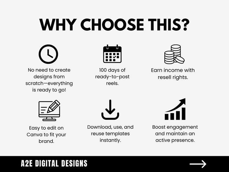 May include: Black and white graphic illustration of a clock, calendar, stack of coins, computer screen with a pencil, a download arrow, and a bar graph with an upward arrow. The text "WHY CHOOSE THIS?" is at the top of the image. The text "No need to create designs from scratch-everything is ready to go!" is below the clock. The text "100 days of ready-to-post reels." is below the calendar. The text "Earn income with resell rights." is below the stack of coins. The text "Easy to edit on Canva to fit your brand." is below the computer screen. The text "Download, use, and reuse templates instantly." is below the download arrow. The text "Boost engagement and maintain an active presence." is below the bar graph. The text "A2E DIGITAL DESIGNS" is at the bottom of the image.