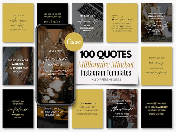 Millionaire Mindset Quotes: Black & Gold Instagram Posts (Canva Editable)