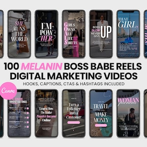 May include: A promotional image showcasing a collection of smartphone screens. Each screen displays text and images related to digital marketing, including phrases like "Boss Babe Reels" and "Make Money". The image promotes digital marketing videos.