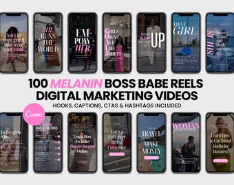 100 Melanin Boss Babe Instagram Reels | Hooks, Captions, CTAs & Hashtags | Canva Editable | Digital Marketing | Black Women Videos