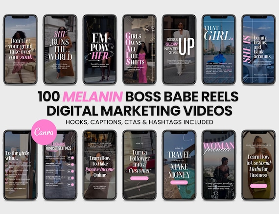 100 Melanin Boss Babe Instagram Reels | Hooks, Captions, CTAs & Hashtags | Canva Editable | Digital Marketing | Black Women Videos