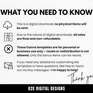 May include: White graphic with black text: "WHAT YOU NEED TO KNOW" and bullet points about digital downloads, sales, and template usage. Includes "Thank you!" and "A2E DIGITAL DESIGNS".