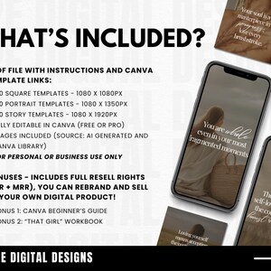 May include: Digital design product advertisement with the text "WHAT'S INCLUDED?" and details about templates, including square, portrait, and story templates. The image also shows a smartphone displaying inspirational quotes and the text "A2E DIGITAL DESIGNS."