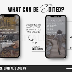 May include: A digital design template featuring two phone screens displaying a quote about changing your routine, personality, career, focus, and circle. The text on the template reads "It's never too late." The template also includes the text "What can be edited?" and "Customize to match your brand's style and colours".