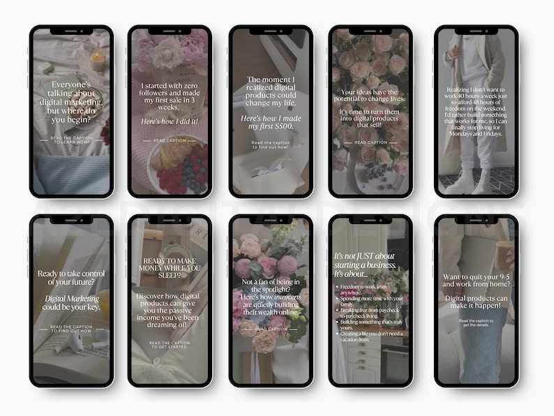 May include: A collage of 10 phone screens with text overlays about digital marketing and making money online. The text includes phrases like "Ready to take control of your future?" and "It's not JUST about starting a business, it's about..."