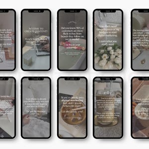 May include: Nine Instagram story templates with text overlays on a blurred background. The text includes tips for digital marketing, selling digital products, and creating content.  The text on the first template reads: "So many people don't know this but selling digital products can be the key to unlocking true financial freedom. Let me show you how."