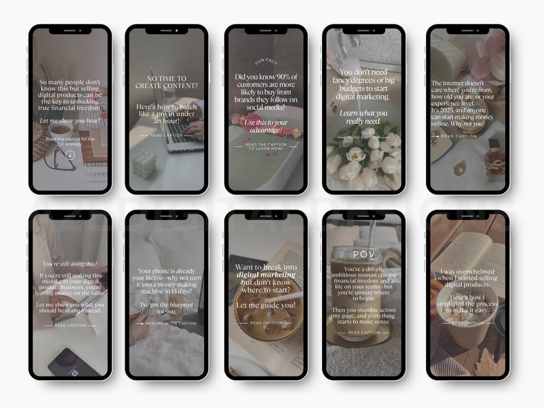 May include: Nine Instagram story templates with text overlays on a blurred background. The text includes tips for digital marketing, selling digital products, and creating content.  The text on the first template reads: "So many people don't know this but selling digital products can be the key to unlocking true financial freedom. Let me show you how."