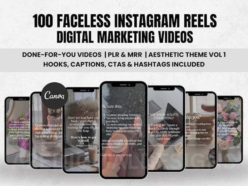 May include: A collage of nine Instagram Reels showcasing digital marketing tips and strategies. The Reels feature text overlays with motivational quotes and advice on building a successful online business. The text includes phrases like "Don't let fear hold you back", "Picture this", and "You know what's exhausting?" The Reels are designed with a minimalist aesthetic and feature a muted colour palette.