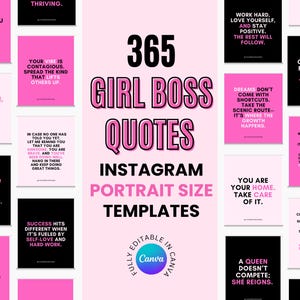 Puede incluir: Un diseño gráfico rosa y negro con el texto "365 Girl Boss Quotes" y "Instagram Portrait Size Templates". El diseño presenta 12 cuadrados rosas y negros diferentes con citas motivacionales para mujeres.