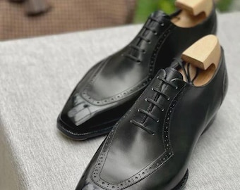 Czarne skórzane buty wizytowe typu Oxford, szyte ręcznie, męskie, formalne obuwie biznesowe
