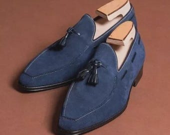 Handmade Blue Suede Tassels Slip Ons, Men Office Loafers Shoes, Dress Moccasins