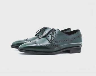 Ręcznie robione zielone męskie buty wizytowe Wing Tip, skórzane buty typu brogue derby, buty typu oksford