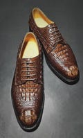 Men's Dark Brown Crocodile Embossed Leather Derby Dress Shoes, Hand Stitched Formal Footwear