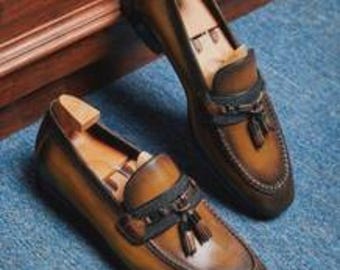 Ręcznie robione, cieniowane, ciemnobrązowe, męskie, formalne buty biznesowe z frędzlami