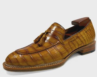 Ręcznie robione, skórzane, wsuwane, formalne, wsuwane mokasyny z frędzlami