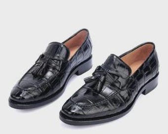 Ręcznie robione męskie czarne skórzane buty wizytowe z frędzlami