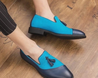 Ręcznie robione męskie stylowe dwukolorowe niebieskie mokasyny z frędzlami, formalne buty biznesowe