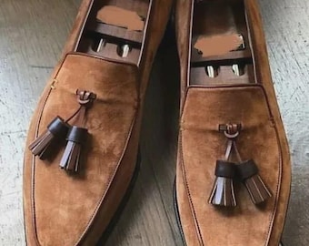 Ręcznie robione brązowe zamszowe półbuty z frędzlami, męskie mokasyny do biura, eleganckie mokasyny