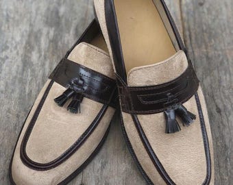 Ręcznie robione, nowe, beżowe, męskie mokasyny zamszowe z frędzlami, formalne, wsuwane, biznesowe buty