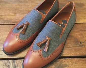 Ręcznie robione męskie dwukolorowe mokasyny z frędzlami i brogsami, formalne buty biznesowe