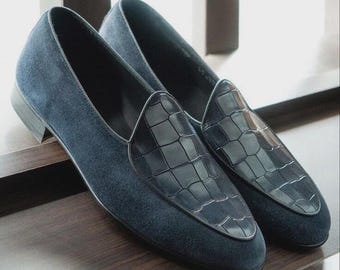 Ręcznie robione mokasyny męskie w kolorze niebieskim ze zamszu i skóry krokodyla