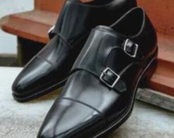 Ręcznie robione czarne skórzane buty typu double monk, buty biznesowe z klamrą, męskie buty wizytowe