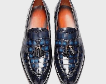 Handmade Men Blue  Leather Tassel Formal Slip On Loafers Business Shoe