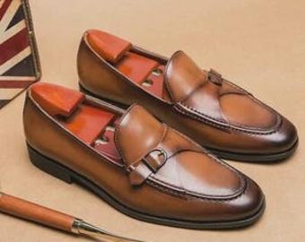 Ręcznie robione, cieniowane, brązowe, formalne, męskie, wsuwane buty biznesowe z klamrą, buty ślubne