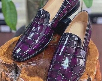 Handmade Men's Purple  Texture Leather Moccasin Dress Shoes