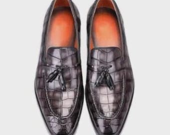 Ręcznie robione męskie szare skórzane buty biznesowe z frędzlami i wsuwanymi mokasynami