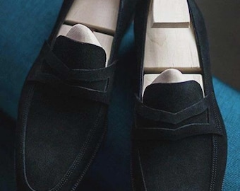 Ręcznie robione czarne zamszowe buty, męskie mokasyny, skórzane wsuwane buty