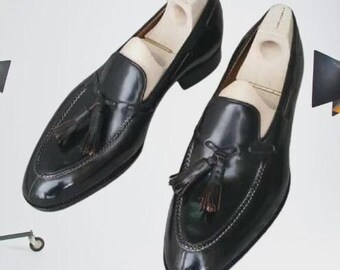 Ręcznie robione męskie czarne skórzane mokasyny z frędzlami, klasyczne mokasyny