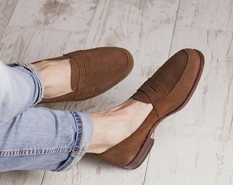 Męskie nowe, ręcznie robione brązowe mokasyny zamszowe, codzienne, wsuwane półbuty zamszowe