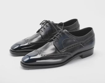 Ręcznie robione czarne męskie buty wizytowe typu Wing Tip, skórzane buty typu brogue derby, buty typu oksford