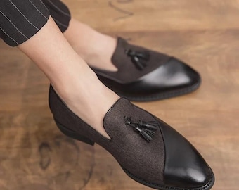 Ręcznie robione męskie stylowe dwukolorowe brązowe mokasyny z frędzlami, formalne buty biznesowe