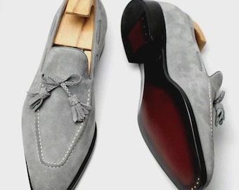 Męskie szare zamszowe mokasyny z frędzlami, ręcznie robione skórzane buty wizytowe