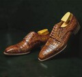 Handmade Light Tan Crocodile Leather Derby Shoes, Men's Lace-Up Dress Footwear
