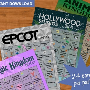 Juego de bingo WDW ALL 4 Parks - Magic Kingdom, EPCOT, Animal Kingdom, Hollywood Studios - Actividad de observación - Juego de 24 cartas
