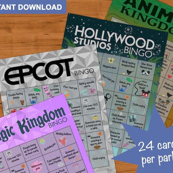 WDW ALL 4 Parks Bingo Game - Magic Kingdom, EPCOT, Animal Kingdom, Hollywood Studios - Observation Activity - Set of 24 Cards