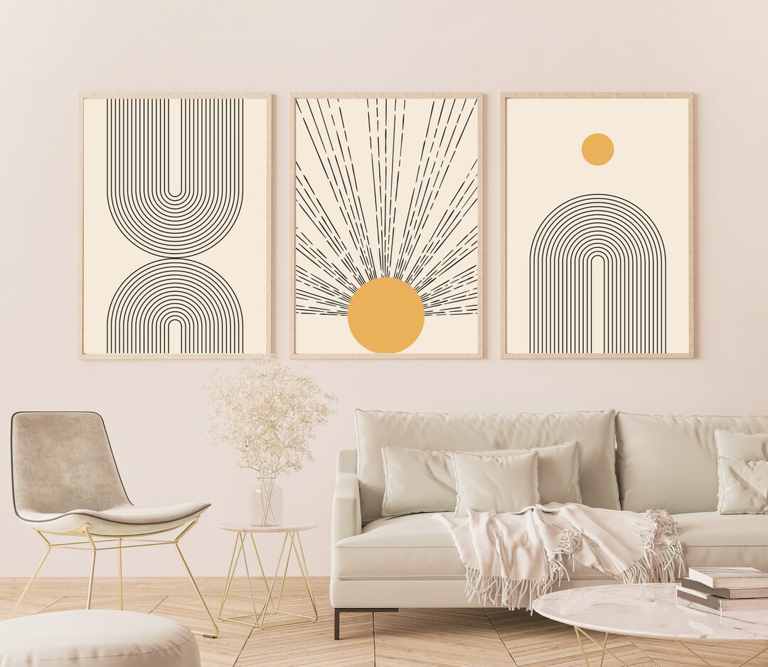 Set of 3 Mid Century Wall Art Boho Yellow Black Cream Art Etsy