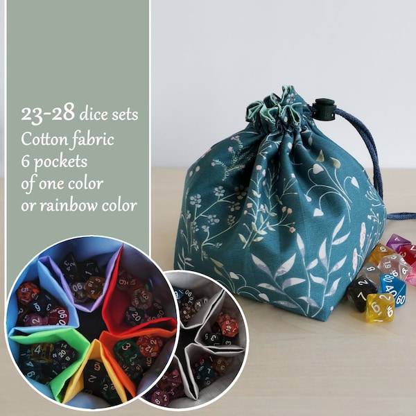 DND dice bag with 6 pockets for 150-200 dice Floral Cotton fabric Gift for dnd player