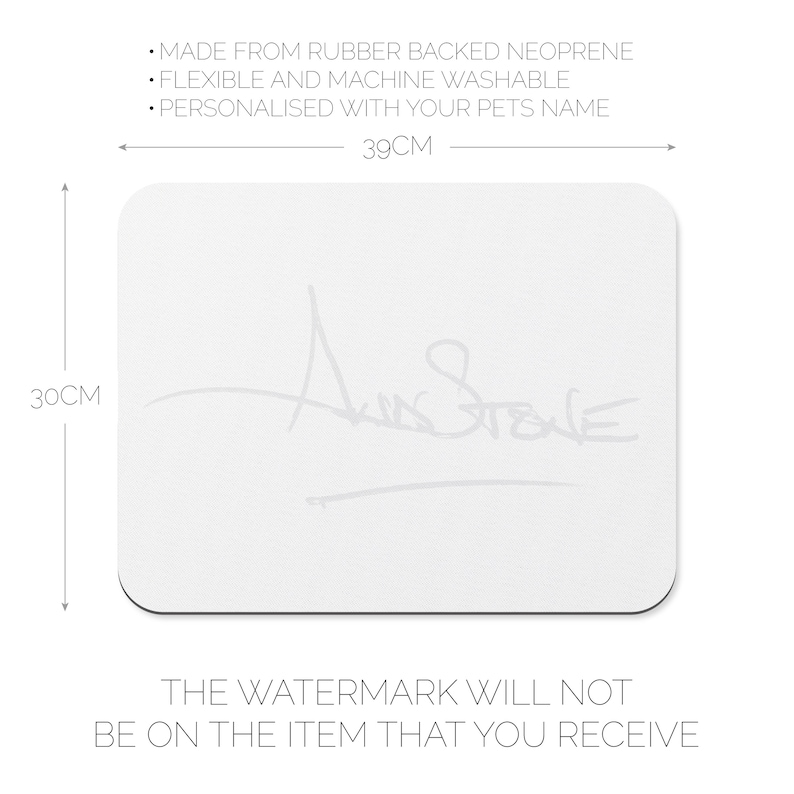 May include: White personalized mousepad with a handwritten signature. The mousepad is 39 cm wide and 30 cm tall. The text on the mousepad reads "The watermark will not be on the item that you receive."