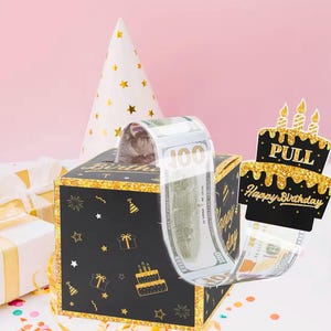 Geldgeschenkbox zum Geburtstag – Überraschungs-Geldgeschenkbox, Geschenkbox in Schwarz und Gold