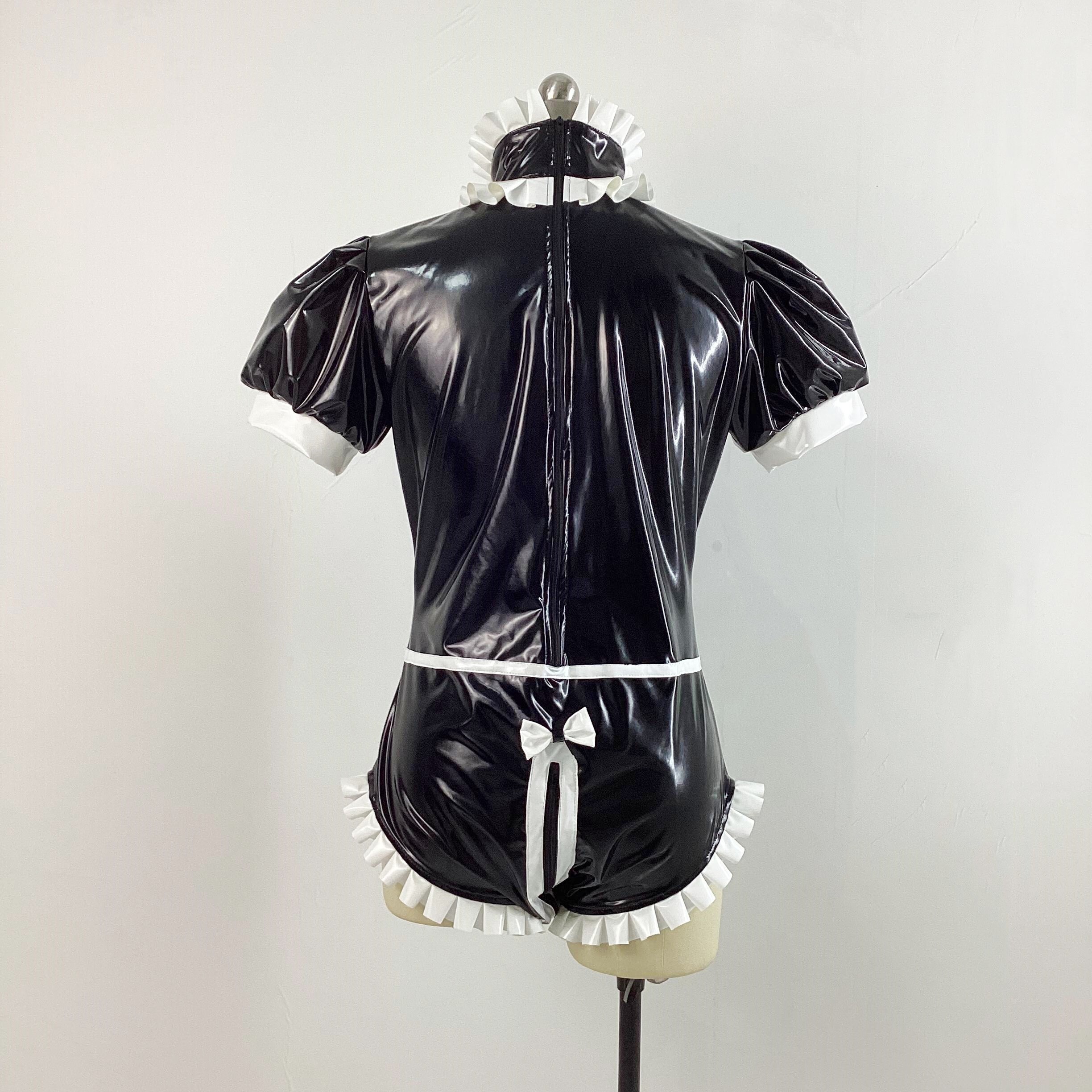 Hollow Out Zip Bodysuit PVC Short Puff Sleeve Ruffles Rompers Party