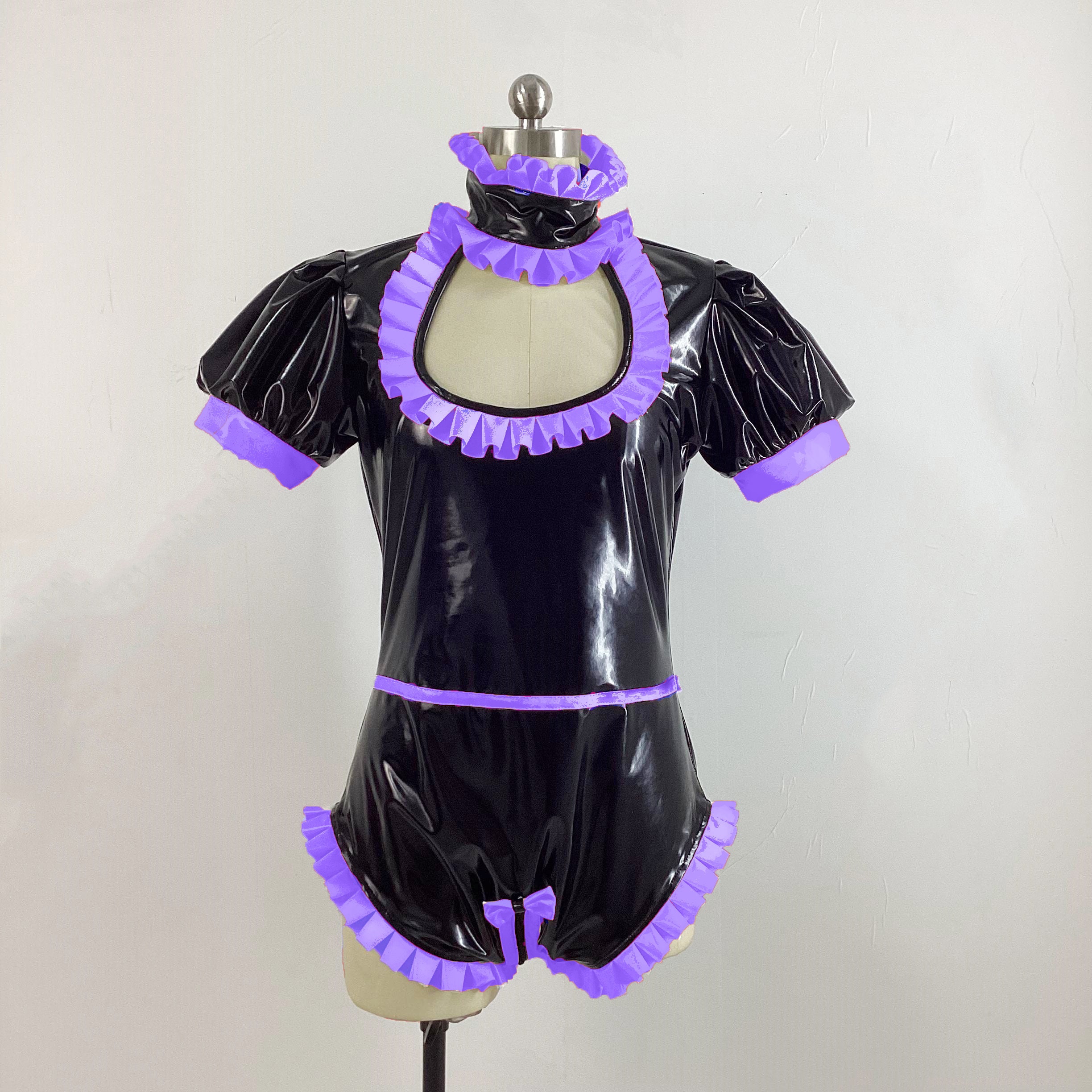 Hollow Out Zip Bodysuit PVC Short Puff Sleeve Ruffles Rompers Party