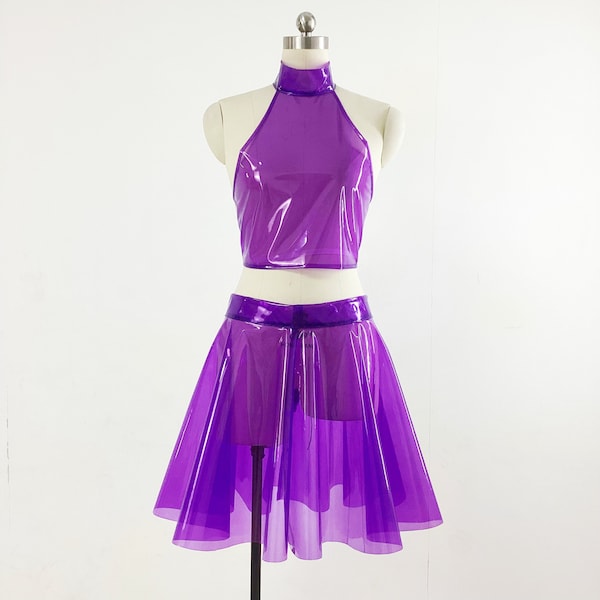 Clear PVC Short A-line Skirts Outfit Sleeveless Rave Carnival  Hanging Neck Crop Top